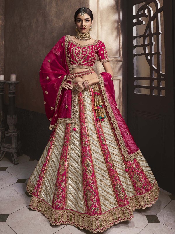 Deep Pink And Cream Banarasi Silk Lehenga